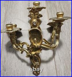 Pair of Ornate Brass Triple Candle Holder Sconce Wall Hanging Flowers