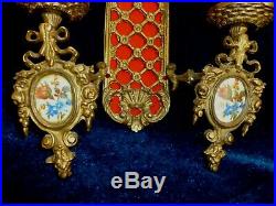 Pair of Pretty French Antique Brass Wall Sconces Candleholders Enamels