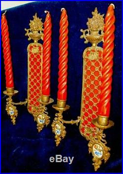 Pair of Pretty French Antique Brass Wall Sconces Candleholders Enamels