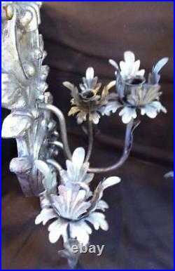 Pair of Two 2 Set of Decorative Candle Wall Sconces Silver Gilt 3 Tole Arms Bird