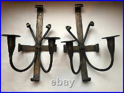 Pair of Vintage Antique Hand Made Forged Metal Iron Rustic Candle Wall Sconces