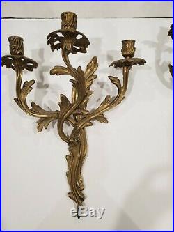 Pair of Vintage Art Nouveau Solid Brass 3-Arms Wall Sconces Candle Holders