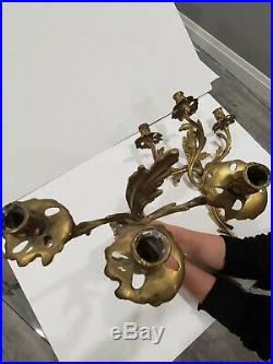 Pair of Vintage Art Nouveau Solid Brass 3-Arms Wall Sconces Candle Holders
