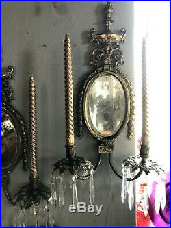 Pair of Vintage Brass French Style Candle Wall Sconces with Crystal Drops