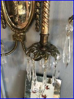 Pair of Vintage Brass French Style Candle Wall Sconces with Crystal Drops