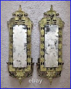 Pair of Vintage Gilt Metal Dolphin Candle Holder Mirror Wall Sconces