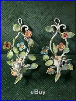 Pair of Vintage Italian Metal Candle Holders Wall Sconce Flowers Chippy