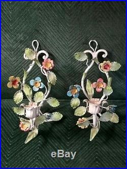 Pair of Vintage Italian Metal Candle Holders Wall Sconce Flowers Chippy