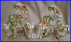 Pair of Vintage Italian Tole Floral Wall Candle Holders Sconces