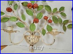 Pair of Vintage Italian Tole Wall Sconce Candle Holders Apple Leaves Large Size