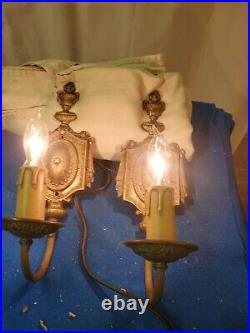 Pair of Vintage Ornate BRASS Wall Sconce Candle Holders Mid Century Art Deco