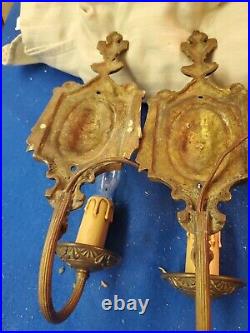 Pair of Vintage Ornate BRASS Wall Sconce Candle Holders Mid Century Art Deco