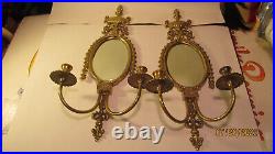 Pair of Vintage Ornate Solid Brass Wall Sconce with Mirror & Candle Holder 24h