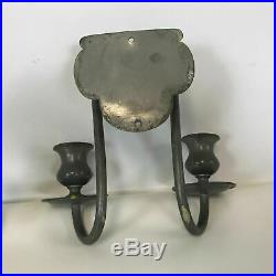 Pair of Vintage Pewter Double Arm Wall Sconces Candle Holders