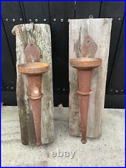 Pair of Vintage Rustic Iron Wall-Mounted Sconce Candle Holders
