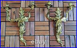 Pair of Vintage Solid Brass 2 Double Arm Wall Sconces Ornate Candleholder Gold