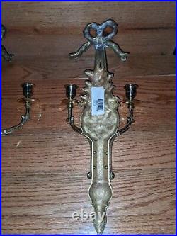 Pair of Vintage Solid Brass Candle Wall Sconces Floral Ornate
