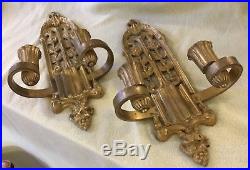 Pair of Vintage Solid Brass Gothic Wall Sconces Candle Holders Set Ornate