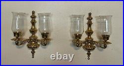 Pair of Vintage Solid Brass Wall Sconce Double Arm Candle Holders w Glass- 14.5