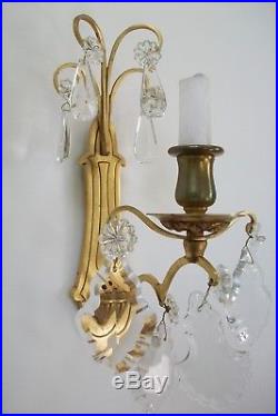 Pair of Vintage french brass glass drops wall candle holders sconce elaborate 8