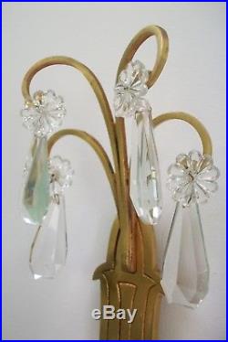 Pair of Vintage french brass glass drops wall candle holders sconce elaborate 8
