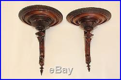 Pair of Walnut Carved Candle Holders Vintage Antique Wall Sconce Decorative