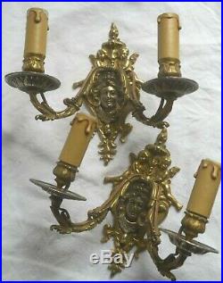 Pair of antique French bronze wall sconces putti/cherubs acanthus foliage