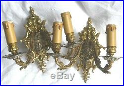 Pair of antique French bronze wall sconces putti/cherubs acanthus foliage