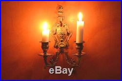 Pair of antique French solid bronze 2 armed wall sconces/candle holders