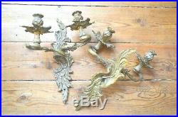 Pair of antique French solid bronze rococo wall sconces, acanthus foliage