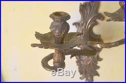 Pair of antique French solid bronze rococo wall sconces, acanthus foliage