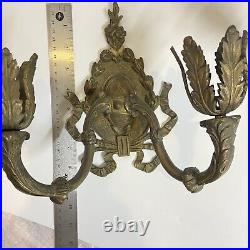 Pair of antique brass wall candle holders/sconces bowithribbon and leaves