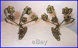 Pair of antique ornate Victorian bronze wall candle holder sconce fixtures brass