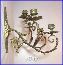 Pair of antique ornate Victorian bronze wall candle holder sconce fixtures brass