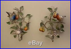 Pair of tole wall sconce candle holder with birds and pears