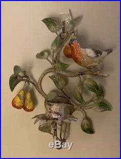 Pair of tole wall sconce candle holder with birds and pears