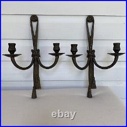 Pair of vintage wall candle sconces brass 2 arms ribbons knots tassels Italy