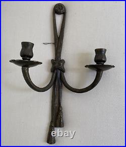Pair of vintage wall candle sconces brass 2 arms ribbons knots tassels Italy