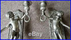 Pair of vintage white metal silver nude cherub wall candle holders sconces