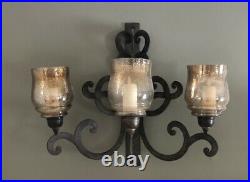 Pottery Barn Iron Scrollwork Wall Sconce W Glass Shades Hurricane Candle Holder