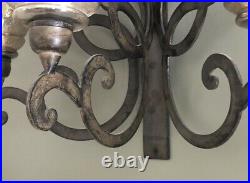 Pottery Barn Iron Scrollwork Wall Sconce W Glass Shades Hurricane Candle Holder