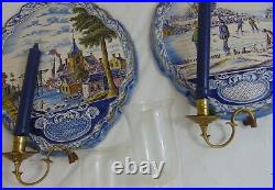 Pr 19th C Delft Wall Sconces Candle Holders Plaques