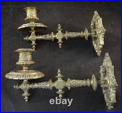 Pr. Antique European Solid Brass Wall Mounted Swivel Candle Holders. 9 deep