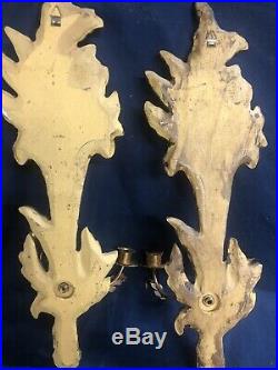 Pr. Antique Italian Wall Sconces Carved Wood Gilt Candle Holders