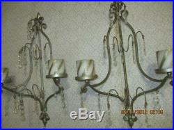 Pr Two-Pillar Candle Holders Wall Mounted Sconces Metal Fleur de Lis With Prisms