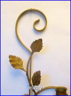 Pr VINTAGE Gold TOLE METAL WALL CANDLEHOLDER Sconces Leaf Botanical