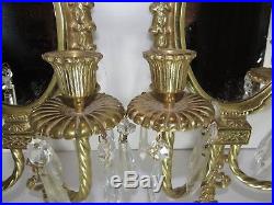 Pr Vintage Brass Wall Sconce Candle Holders Glass Mirror Crystal Prisms Mirrored