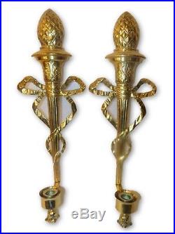 Pr Vintage French Empire Brass Wall Sconces Torchiere Torch Bow Candle Holder