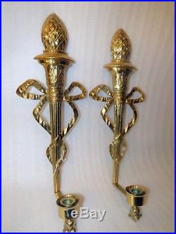Pr Vintage French Empire Brass Wall Sconces Torchiere Torch Bow Candle Holder