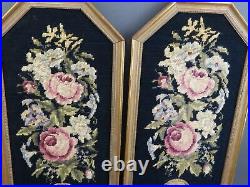 Pr Vintage Gold Framed Roses Wool Petit Needlepoint Candle Holder Wall Sconces